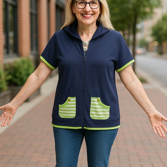 Quacker Factory Novelty Nautical Full Zip Short Sleeved Sweater Hooded Coastal - Picture 2 of 5